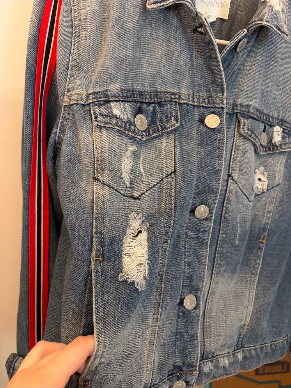 Sky and Sparrow Blue Denim Jacket with Red and Black Shoulder Stripes - Picture 4 of 6
